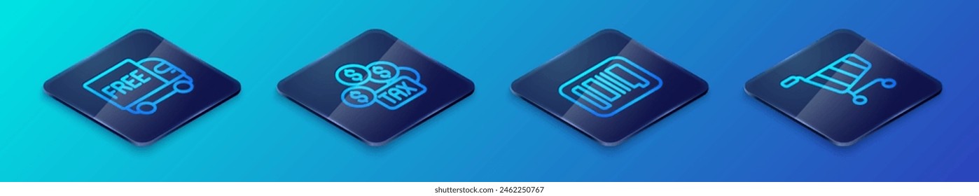 Establecer código de barras de línea isométrica, servicio de entrega gratuita, Carrito de compras y pago de impuestos icono. Vector