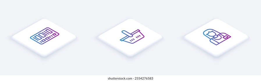 Set Isometric line Barcode, Shopping basket and Seller. White square button. Vector