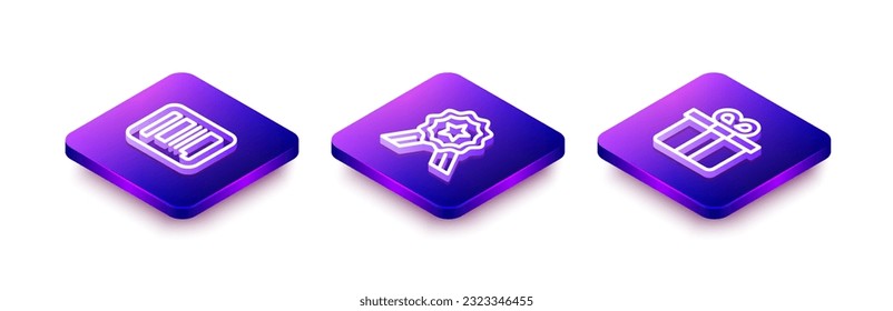 Set Isometric line Barcode, Stars rating and Gift box icon. Vector