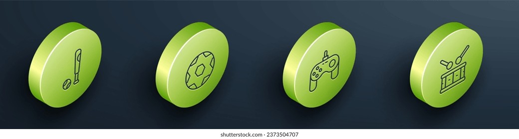 Set Isometric line Baseball bat with ball, Soccer football, Gamepad and Drum drum sticks icon. Vector