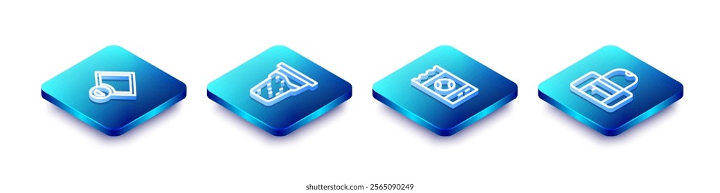 Set Isometric line Baseball field, Glass of beer, ticket and Sport bag icon. Vector