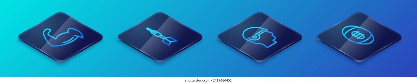 Set Isometric line Baseball helmet, Bodybuilder showing his muscles, American Football and Dart arrow icon. Vector
