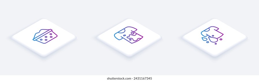Set Isometric line Basin with soap suds, Dirty t-shirt and . White square button. Vector