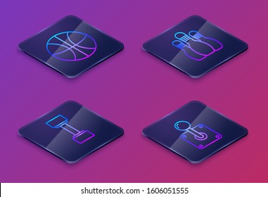 Set Isometric line Basketball ball, Dumbbell, Bowling pin and Joystick for arcade machine. Blue square button. Vector