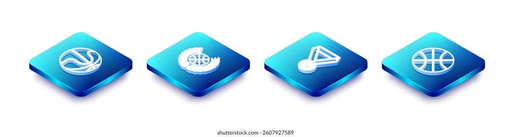 Set Isometric line Basketball ball, Award with basketball, medal and  icon. Vector