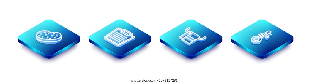 Set Isometric line Bath sponge, Bathroom scales, Towel hanger and Sauna thermometer icon. Vector