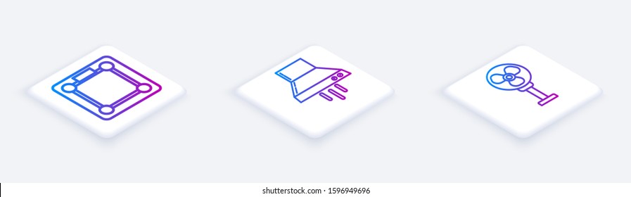Set Isometric line Bathroom scales , Kitchen extractor fan  and Electric fan . White square button. Vector
