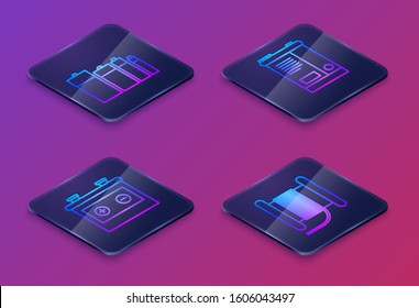 Set Isometric line Battery, Car battery, Car battery and Wire electric cable on a reel or drum. Blue square button. Vector