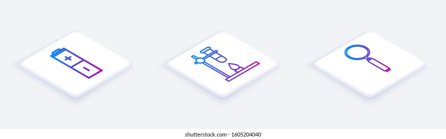 Set Isometric line Battery, Glass test tube flask on fire heater and Magnifying glass. White square button. Vector