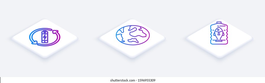 Set Isometric line Battery with recycle symbol line, Earth globe and Stop ocean plastic pollution. White square button. Vector