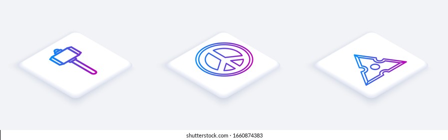 Establecer línea isométrica Batalla martillo, Paz y ninja japonés shuriken. Botón cuadrado blanco. Vector