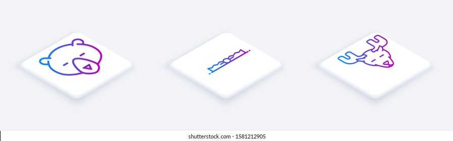 Set Isometric line Bear head, Trap hunting and Moose head with horns. White square button. Vector