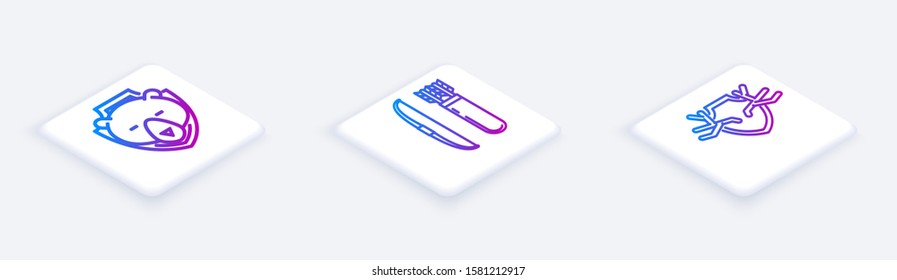 Set Isometric line Bear head on shield, Bow and arrow in quiver and Deer antlers on shield. White square button. Vector