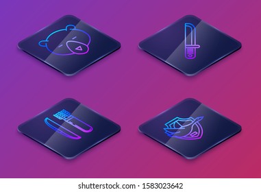 Set Isometric line Bear head, Bow and arrow in quiver, Hunter knife and Flying duck on shield. Blue square button. Vector