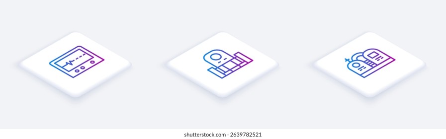Set Isometric line Beat dead in monitor, Grave with tombstone and . White square button. Vector
