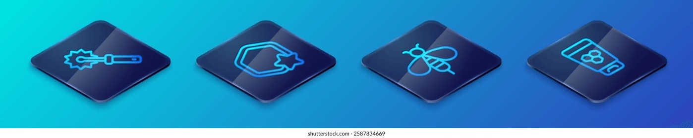 Set Isometric line Bee, Cutter roll for honey, Cosmetic tube with and Honeycomb icon. Vector