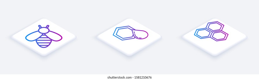 Set Isometric line Bee, Honeycomb and Honeycomb. White square button. Vector