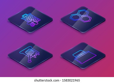 Set Isometric line Bee and honeycomb, Honey dipper stick with dripping honey, Honeycomb and Beekeeper with protect hat. Blue square button. Vector