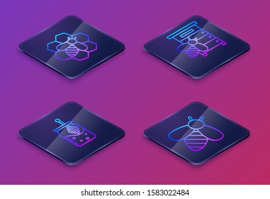 Set Isometric line Bee and honeycomb, Jar of honey and honey dipper stick, Hive for bees and Bee. Blue square button. Vector