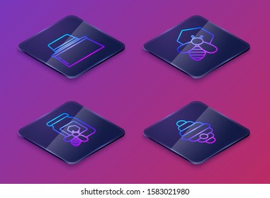 Set Isometric line Beekeeper with protect hat, Jar of honey with bee, Bee and honeycomb and Hive for bees. Blue square button. Vector
