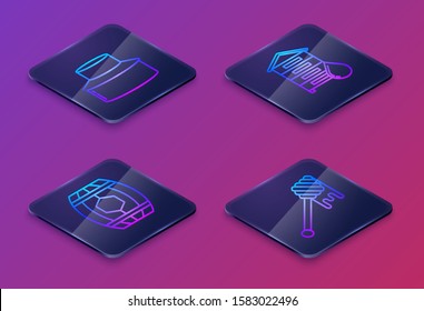 Set Isometric line Beekeeper with protect hat, Wooden barrel with honey, Hive for bees and Honey dipper stick with dripping honey. Blue square button. Vector
