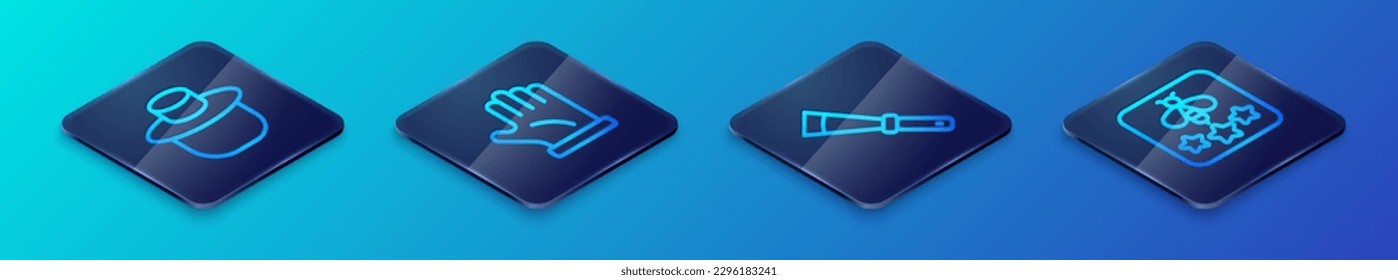 Set Isometric line Beekeeping knife, Beekeeper with protect hat, Type of bee and glove icon. Vector