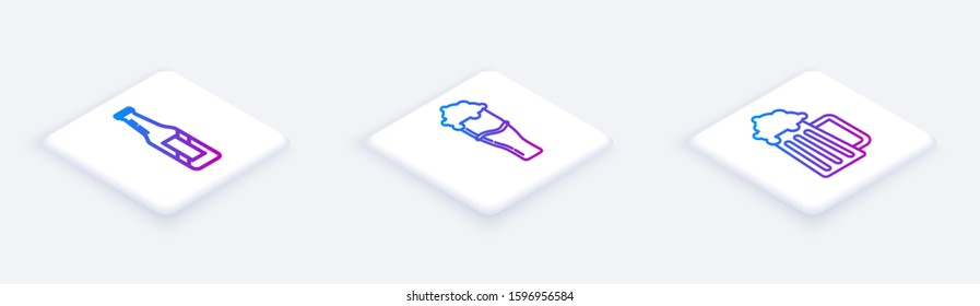 Set Isometric line Beer bottle, Glass of beer and Wooden beer mug. White square button. Vector