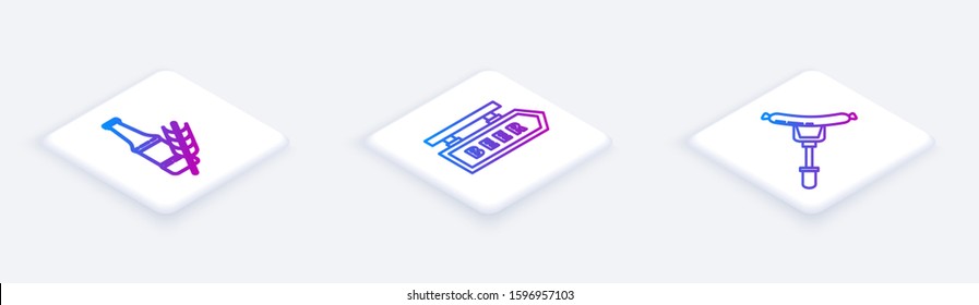Set Isometric line Beer bottle, Street signboard with inscription Beer and Sausage on the fork. White square button. Vector