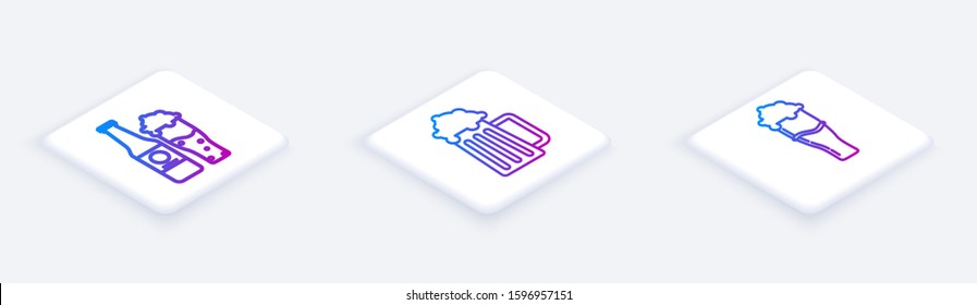 Set Isometric line Beer bottle and glass, Wooden beer mug and Glass of beer. White square button. Vector