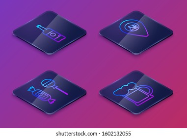 Set Isometric line Beer bottle , Lollipop , Alcohol or beer bar location  and Wooden beer mug . Blue square button. Vector