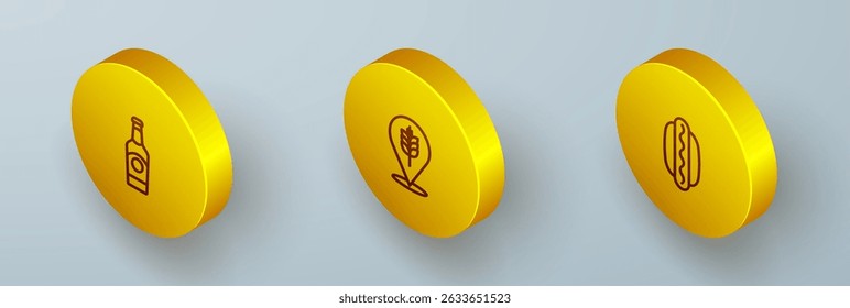 Set Isometric line Beer bottle, Wheat and Hotdog sandwich icon. Vector