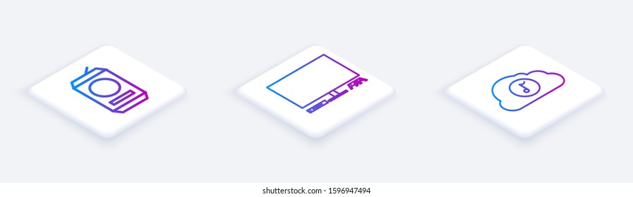 Set Isometric line Beer can , Video game console  and Music streaming service . White square button. Vector
