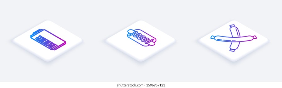 Set Isometric line Beer can, Hotdog sandwich with mustard and Crossed sausage. White square button. Vector