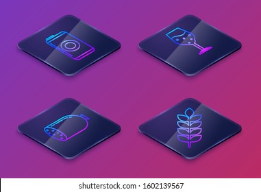 Set Isometric line Beer can, Salami sausage, Glass of beer and Cereals set with rice, wheat, corn, oats, rye, barley. Blue square button. Vector