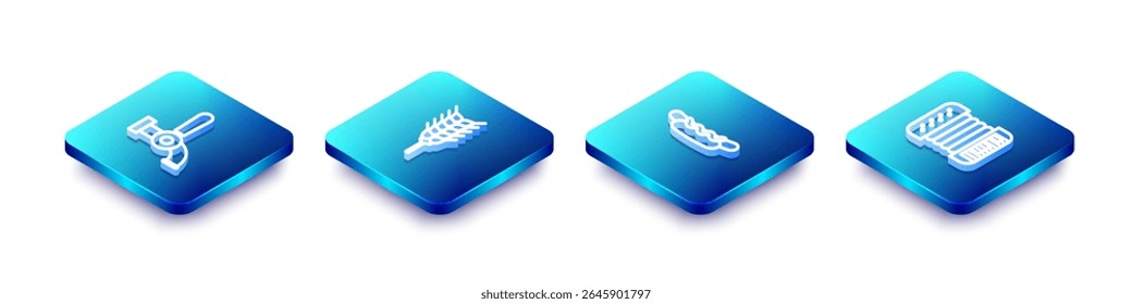 Set Isometric line Beer tap, Wheat, Hotdog sandwich and Accordion icon. Vector