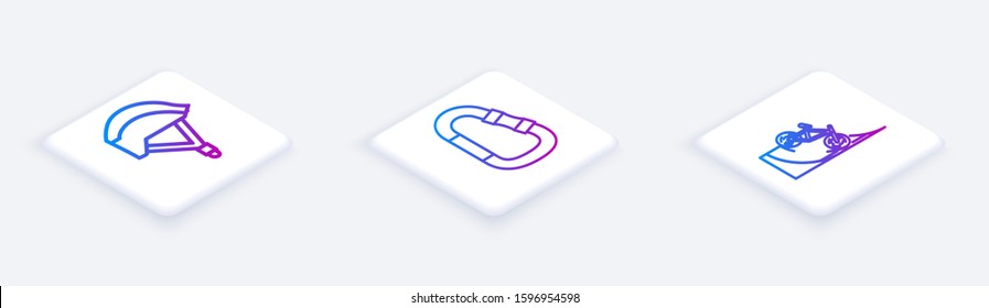 Set Isometric line Bicycle helmet, Carabiner and Bicycle on street ramp. White square button. Vector