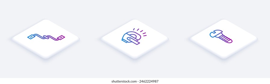 Set Isometric line Bicycle pedals, head lamp and Metallic screw. White square button. Vector
