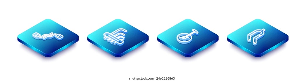 Set Isometric line Bicycle pedals, Tool allen keys, Unicycle or one wheel bicycle and fork icon. Vector