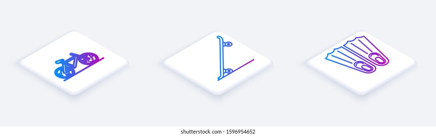 Set Isometric line Bicycle, Skateboard and Rubber flippers for swimming. White square button. Vector
