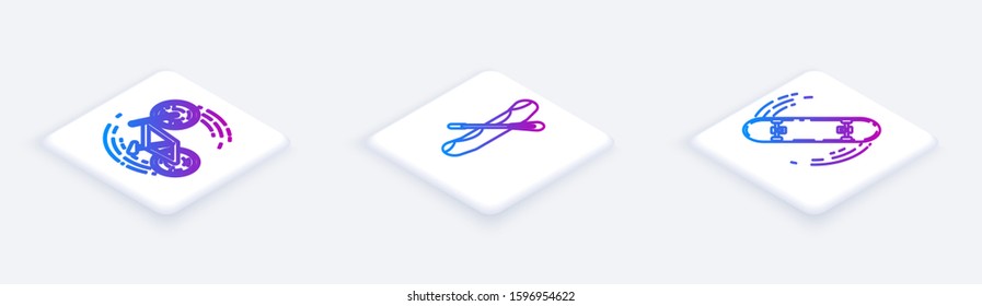 Set Isometric line Bicycle trick, Rafting boat and Skateboard trick. White square button. Vector