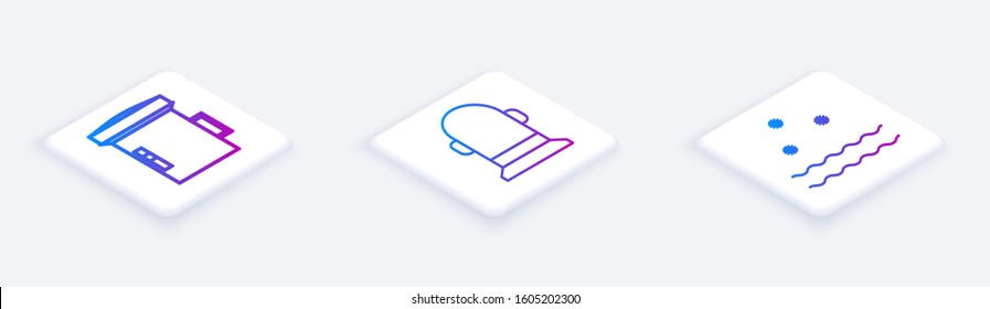 Set Isometric line Big flashlight for diver, Buoy and Cold and waves. White square button. Vector