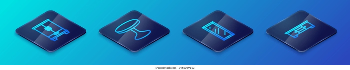 Set Isometric line Big full length mirror, Wardrobe, TV table stand and Round icon. Vector