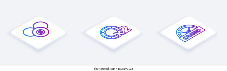 Set Isometric line Billiard pool snooker 8 ball, Casino chips and Casino signboard. White square button. Vector