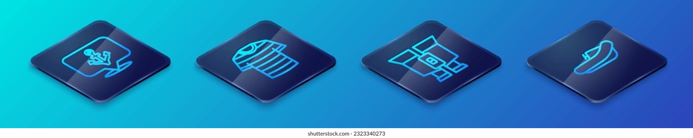Establezca Binoculares de línea isométrica, Anchor, Barco inflable con motor y icono de camiseta de marinero a rayas. Vector