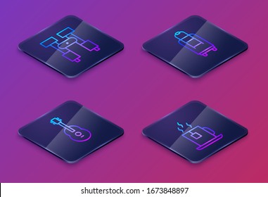 Colocar Binoculares de línea isométrica, guitarra, maleta y taza de té con bolso de té. Botón cuadrado azul. Vector