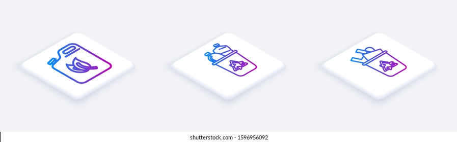 Set Isometric line Bio fuel canister, Recycle bin with recycle symbol and Recycle bin with recycle symbol. White square button. Vector