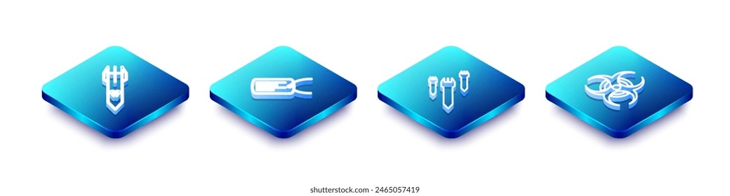 Set Isometric line Biohazard rocket, Military dog tag, Rocket and symbol icon. Vector