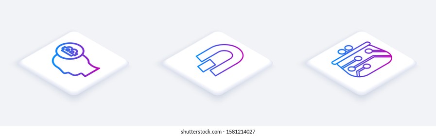 Set Isometric line Bitcoin think, Cryptocurrency coin Dash and Cryptocurrency wallet. White square button. Vector