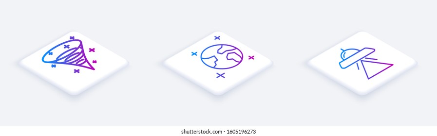Set Isometric line Black hole, Earth globe and UFO flying spaceship. White square button. Vector