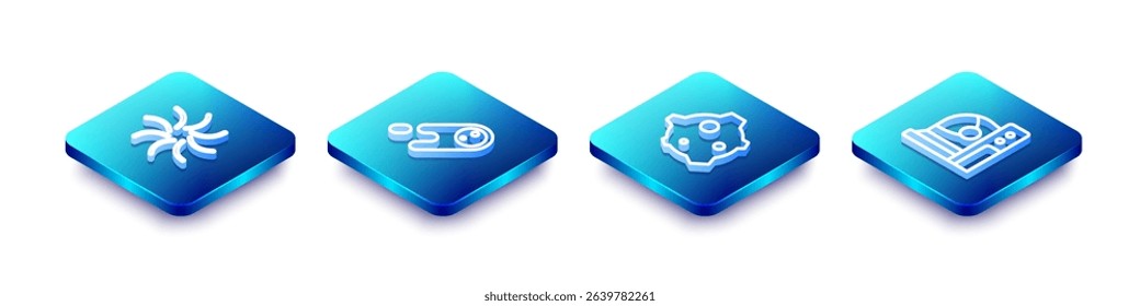 Set Isometric line Black hole, Comet falling down fast, Asteroid and Astronaut helmet icon. Vector